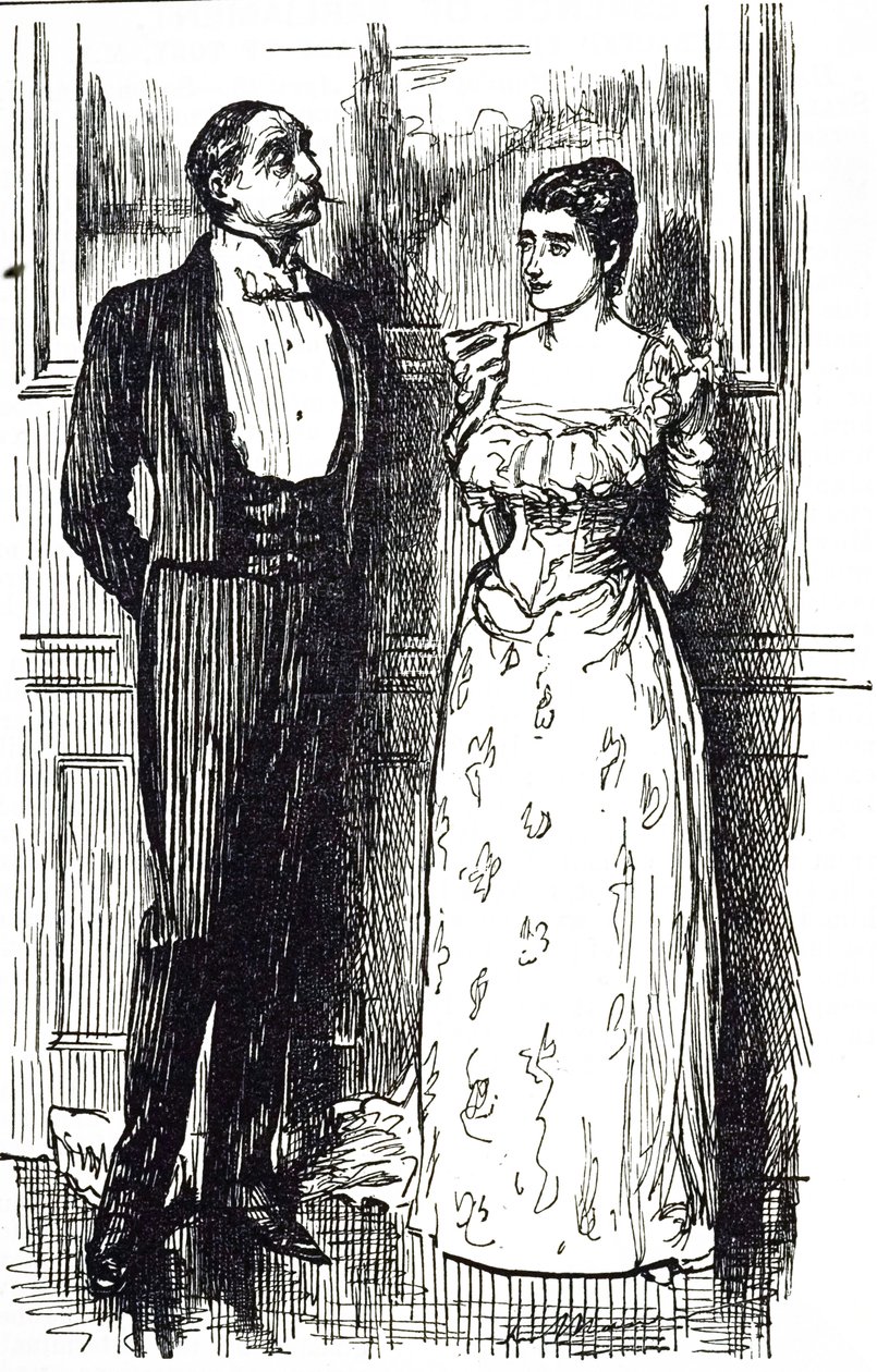 Caricatura de Georges du Maurier ilustrando a un hombre y una mujer conversando en un evento social, Inglaterra 1891 de George du Maurier