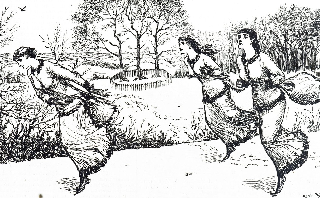Ilustración que representa a niñas marcando el rastro para la liebre y los sabuesos de George du Maurier