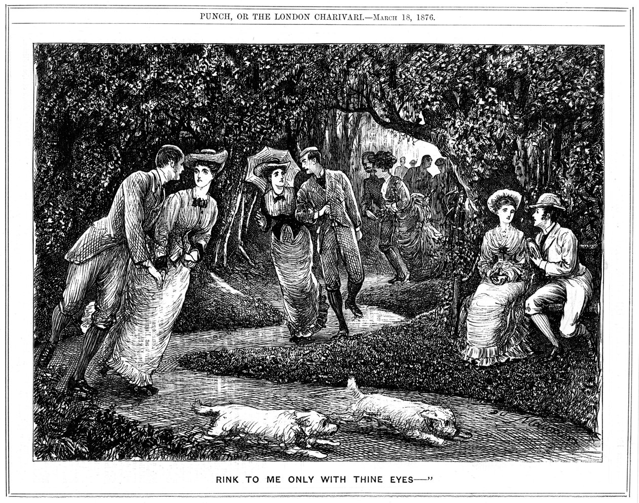 Aumento de la popularidad del patín de ruedas. Caricatura de George du Maurier de Punch de George du Maurier