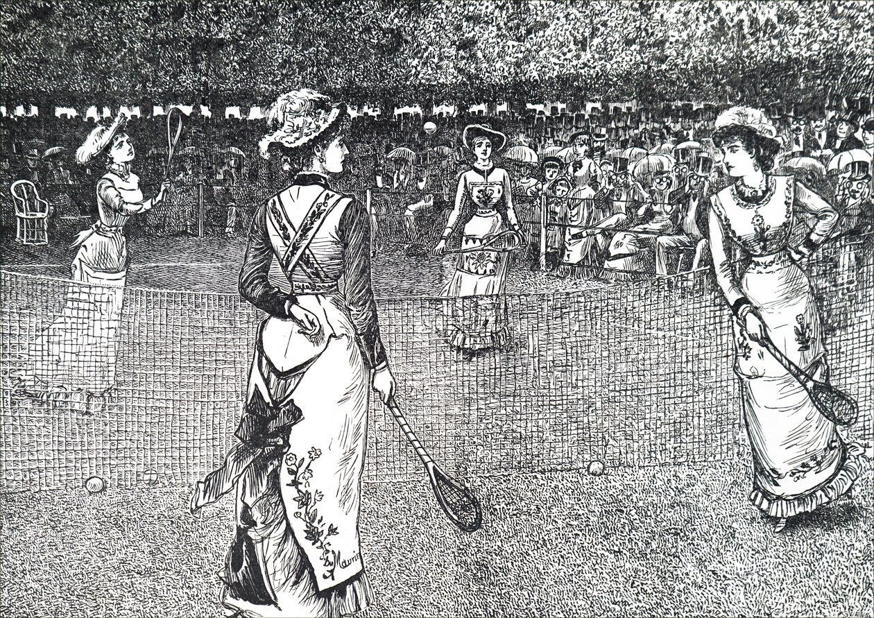 Damas jugando al tenis en el césped de George du Maurier
