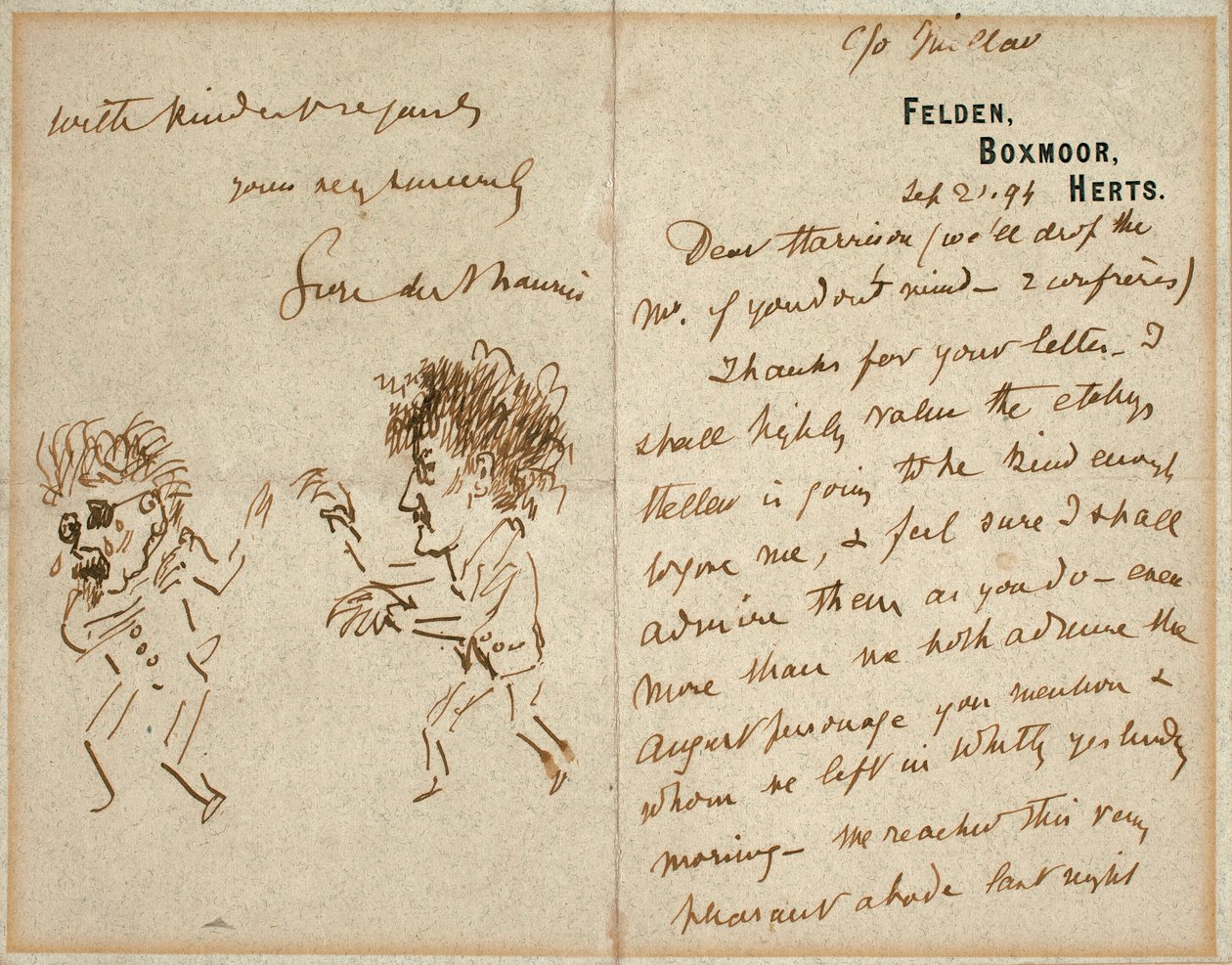 Carta con dibujo de Whistler amenazando a Du Maurier de George du Maurier