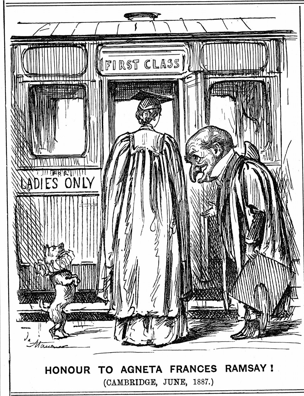 Mr Punch se inclina ante Agneta Frances Ramsay, quien se sentó y aprobó con honores de primera clase los exámenes, pero no pudo recibir un título ya que Cambridge no los otorgaba a mujeres en ese momento. Caricatura de George du Maurier de Punch, Londres,  de George du Maurier
