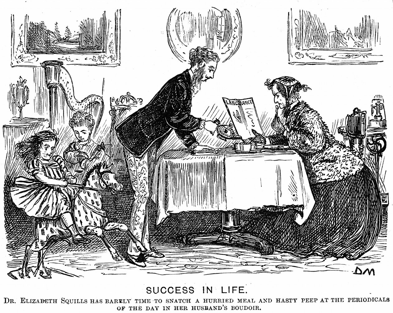 Éxito en la vida: Inversión de roles y la mujer profesional moderna. Caricatura de George du Maurier para Punch Almanack de 1867 de George du Maurier