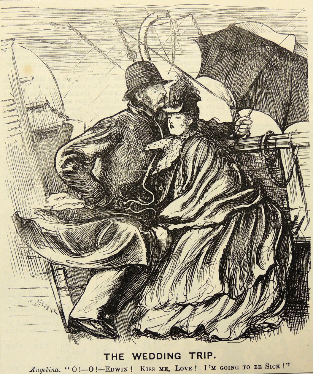 El viaje de bodas: pareja de luna de miel sufriendo de mareo mientras cruzan el Canal de la Mancha. Caricatura de George du Maurier de 
