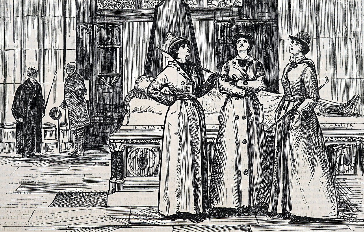 Tres mujeres con abrigos largos, en un museo de George du Maurier