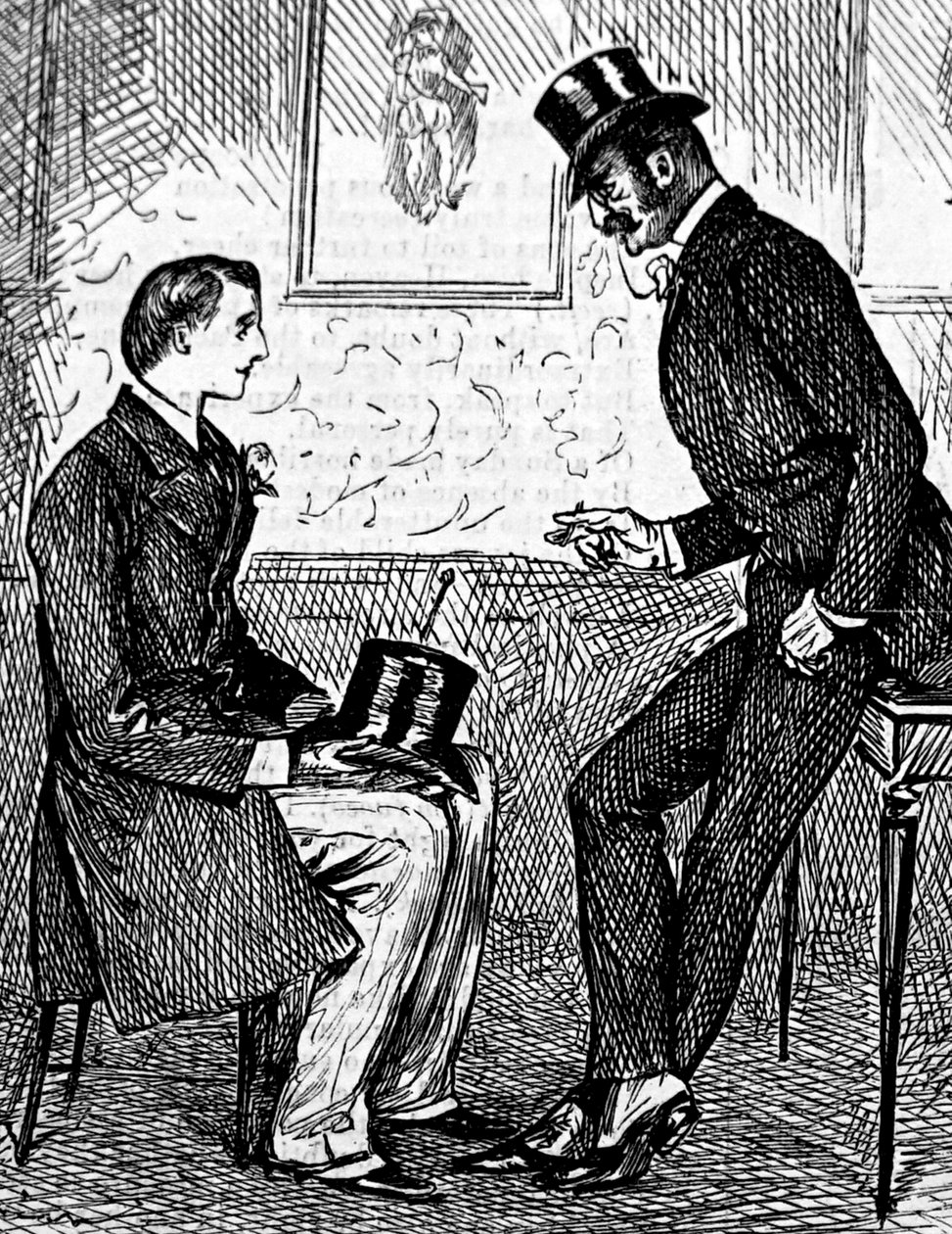 Dos caballeros fumando un cigarro y conversando después de la cena de George du Maurier