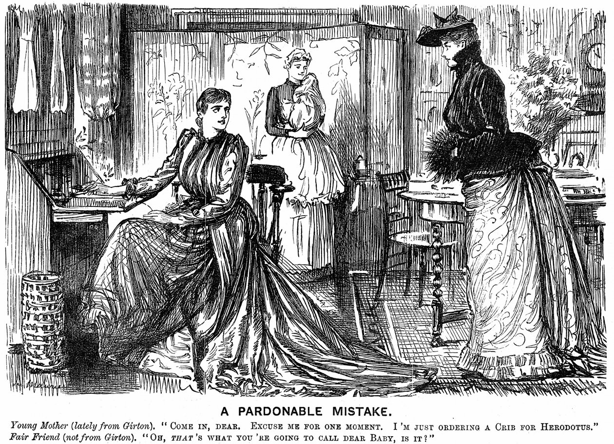 La educación universitaria para mujeres hace que su conversación sea confusa para sus amigos menos educados. Caricatura de George du Maurier de Punch, Londres, 7 de diciembre de 1889. Grabado de George du Maurier