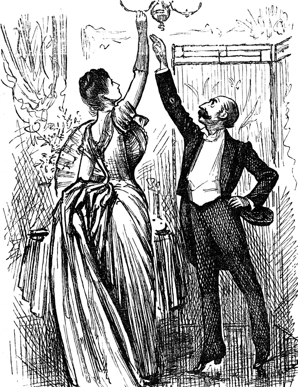 Parejas de clase alta inglesa tratando de alcanzar una lámpara de gas de George du Maurier
