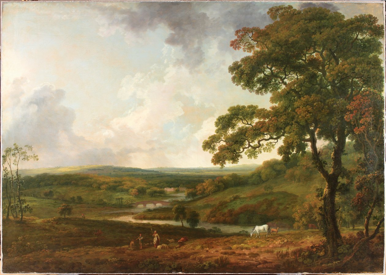 Vista en Welbeck Park con un arroyo serpenteante de George the Elder Barret