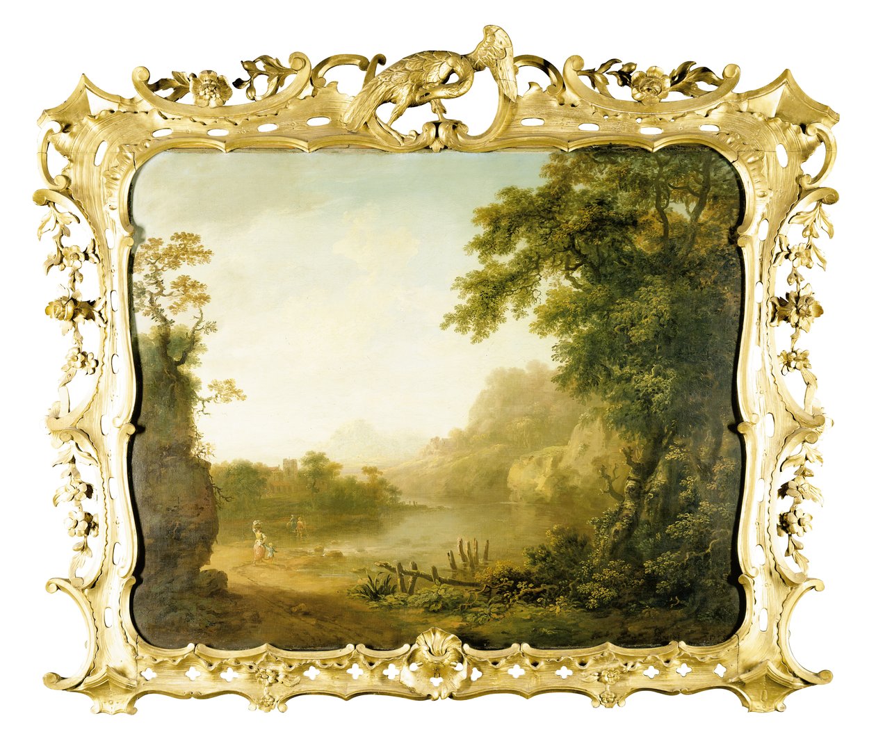 Un paisaje fluvial italianizado con figuras en primer plano y un pueblo al fondo, 1755 de George the Elder Barret
