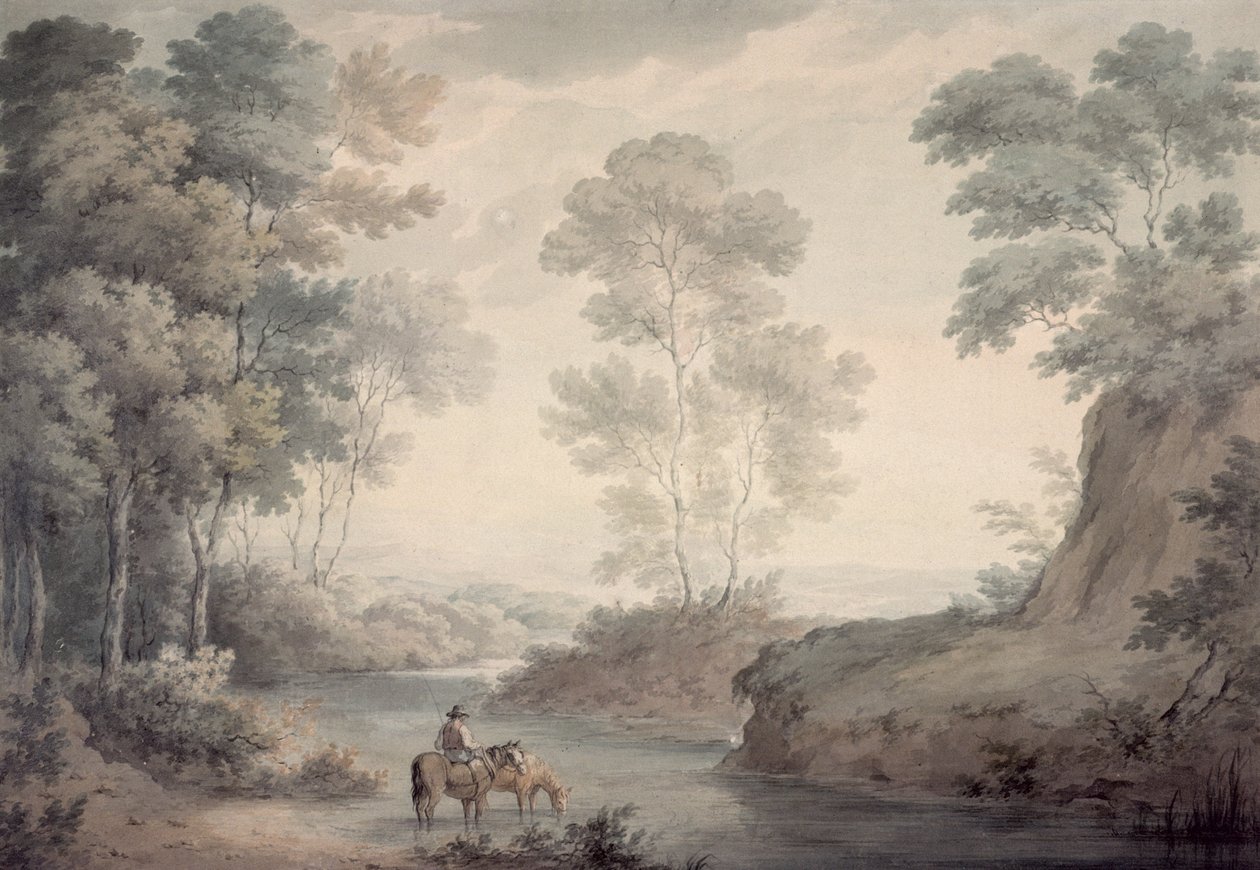 Paisaje con Río y Caballos Abrevando de George the Elder Barret