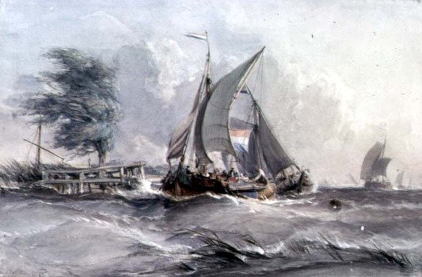Un día ventoso: barcos en una tormenta de George the Elder Chambers