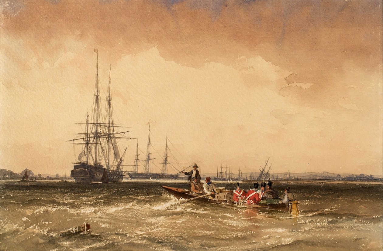 En el Medway (Marinos saliendo hacia el Indiaman, Northfleet) de George the Elder Chambers
