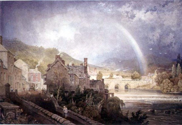 Pueblo y puente de Llangollen, Gales del Norte, con efecto de arco iris de George the Younger Barret