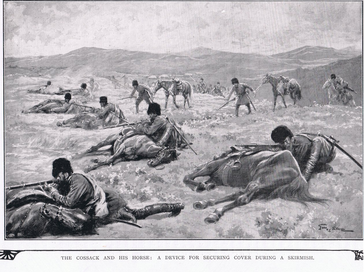 El cosaco y su caballo durante la guerra ruso-japonesa de Georges Bertin Scott
