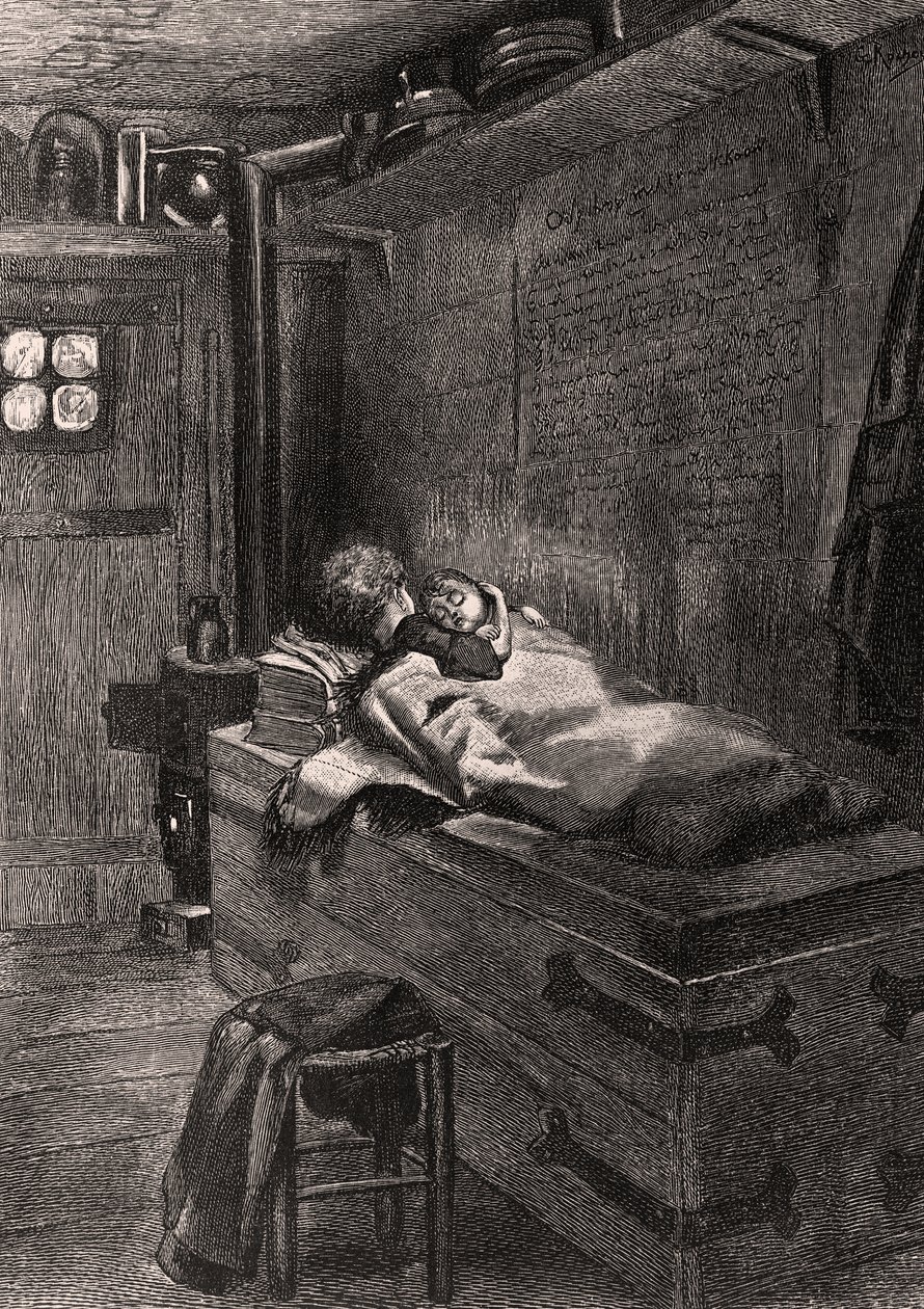 Gwynplaine y Dea durmiendo sobre un cofre - ilustración de L