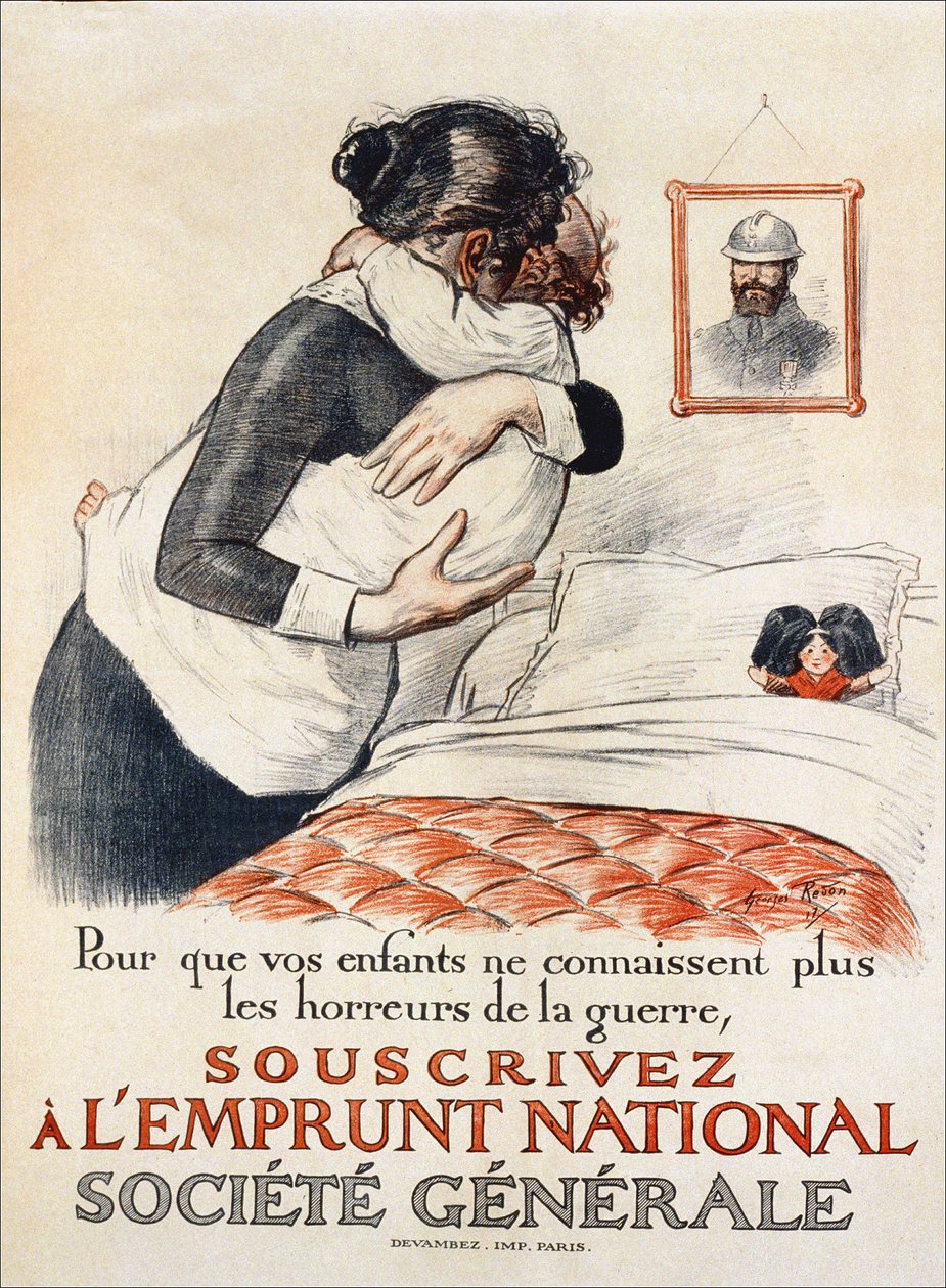 Para evitar que sus hijos experimenten los horrores de la guerra, suscríbase al préstamo nacional de la Societe Generale - cartel, 1917 de Georges Redon