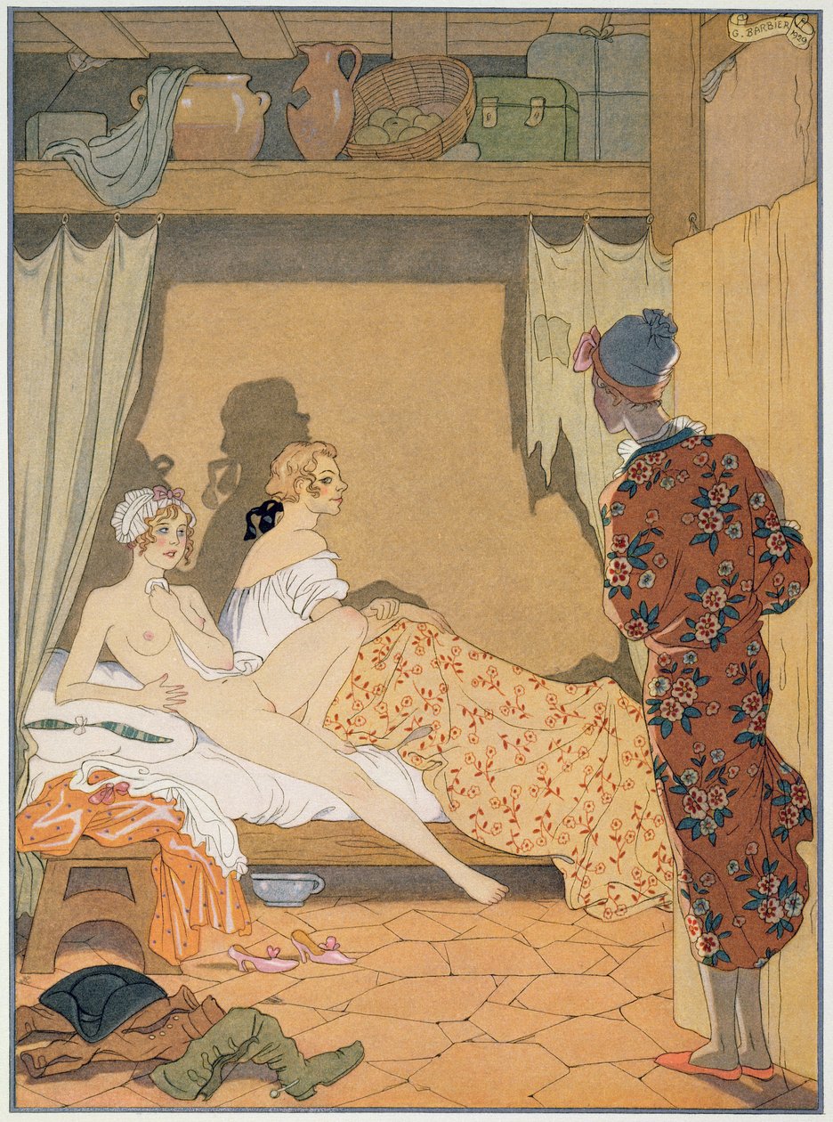 Escena de dormitorio, ilustración de "Les Liaisons Dangereuses" de Pierre Choderlos de Laclos (1741-1803), publicada en la década de 1920 (impresión en pochoir) de Georges (after) Barbier