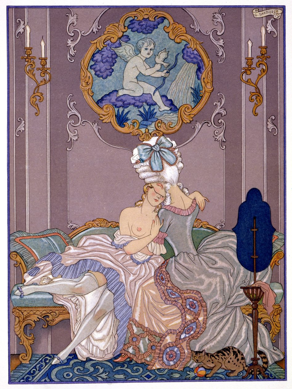 Escena de dormitorio de "Les Liaisons Dangereuses" de Pierre Choderlos de Laclos (1741-1803) publicada en los años 20 (impresión en pochoir) de Georges (after) Barbier