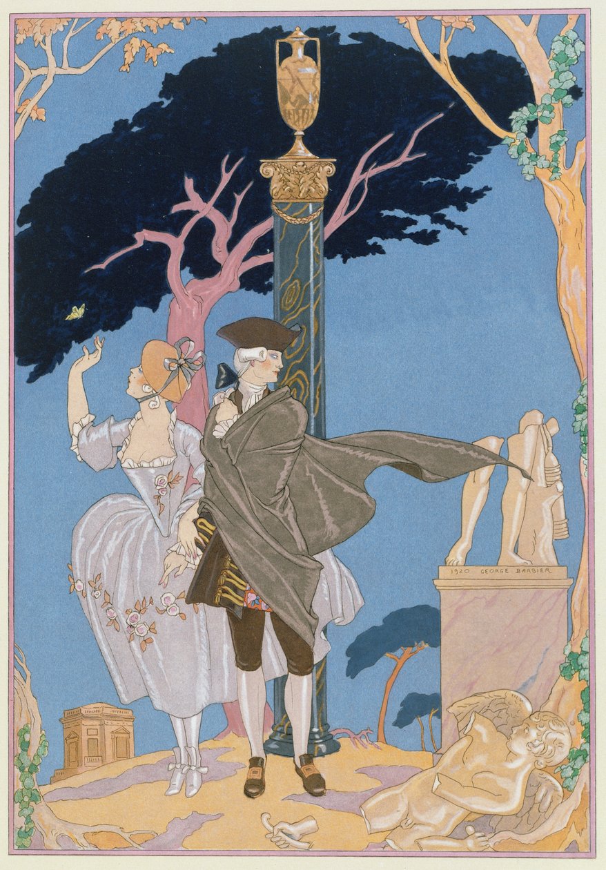 Corazones rotos, estatuas rotas, ilustración para "Fetes Galantes" de Paul Verlaine (1844-96) publicada en 1928 (impresión en pochoir) de Georges (after) Barbier