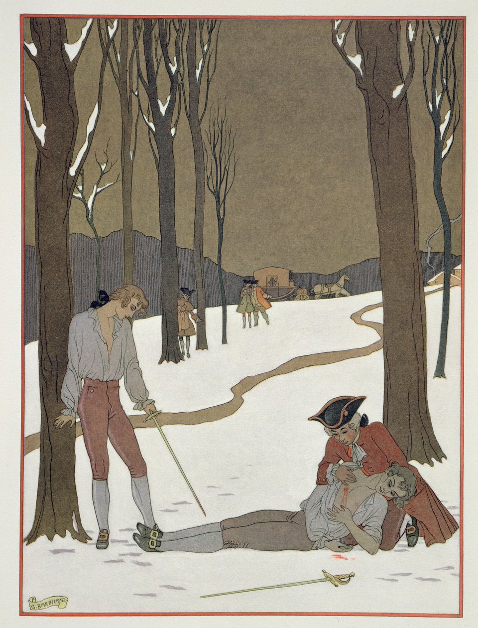 El duelo entre Valmont y Danceny, ilustración de "Les Liaisons Dangereuses" de Pierre Chodlerlos de Laclos (1741-1803) publicada en la década de 1920 (impresión en pochoir) de Georges (after) Barbier