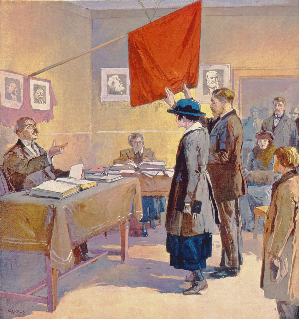 Un matrimonio civil en Rusia en tiempos de la Revolución, c.1923 (litografía en color) de Georges (after) Carrey