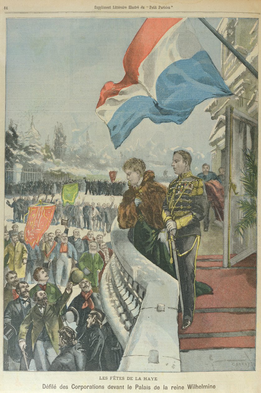 Desfile de corporaciones en La Haya ante la reina Guillermina de Holanda para celebrar su boda con el duque Enrique de Mecklemburgo, febrero de 1901 (litografía en color). de Georges (after) Carrey