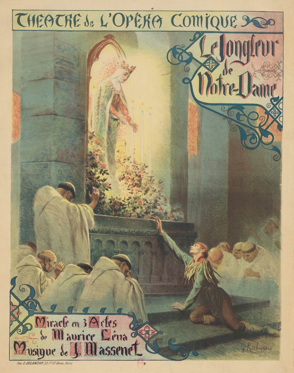 Póster de estreno para la ópera Le jongleur de Notre-Dame de Jules Massenet, 1904 de Georges Antoine Rochegrosse