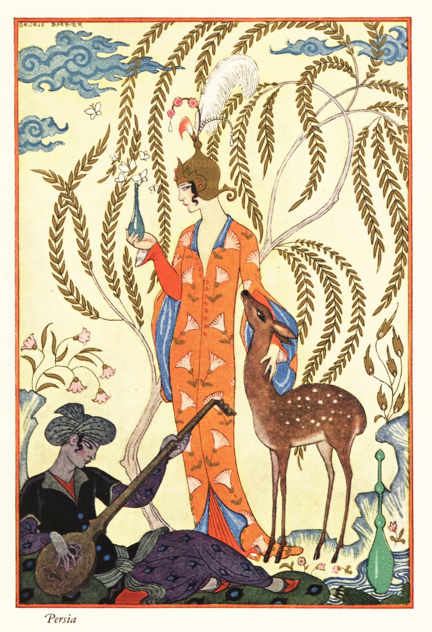 Una mujer sostiene un frasco de perfume, antigua Persia de Georges Barbier