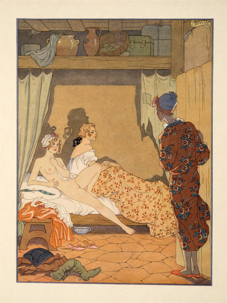 Escena de dormitorio, ilustración de "Les Liaisons Dangereuses" de Pierre Choderlos de Laclos (1741-1803) pub. 1934 (impresión en pochoir) de Georges Barbier