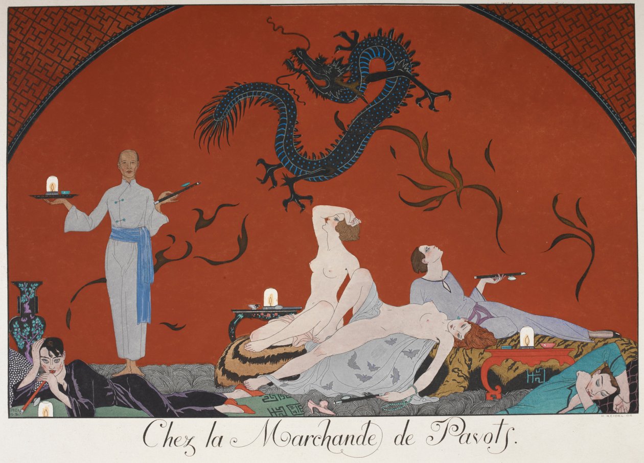 Chez la Marchande de Pasots. Personas, algunas desnudas, tumbadas en una habitación. Decoración china. de Georges Barbier