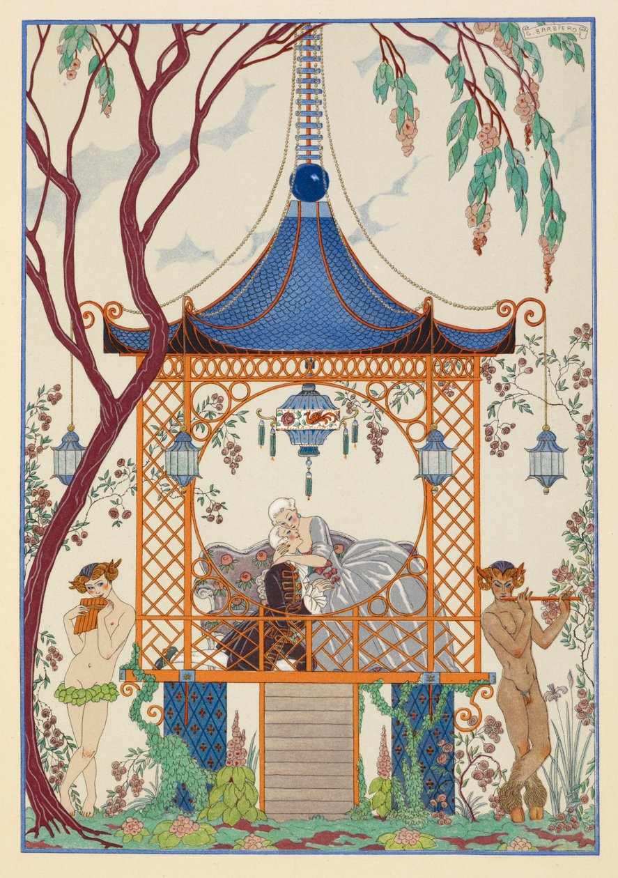 Cythère. Un hombre y una mujer en un pabellón, abrazados. Criaturas míticas en el exterior, tocando la gaita. de Georges Barbier