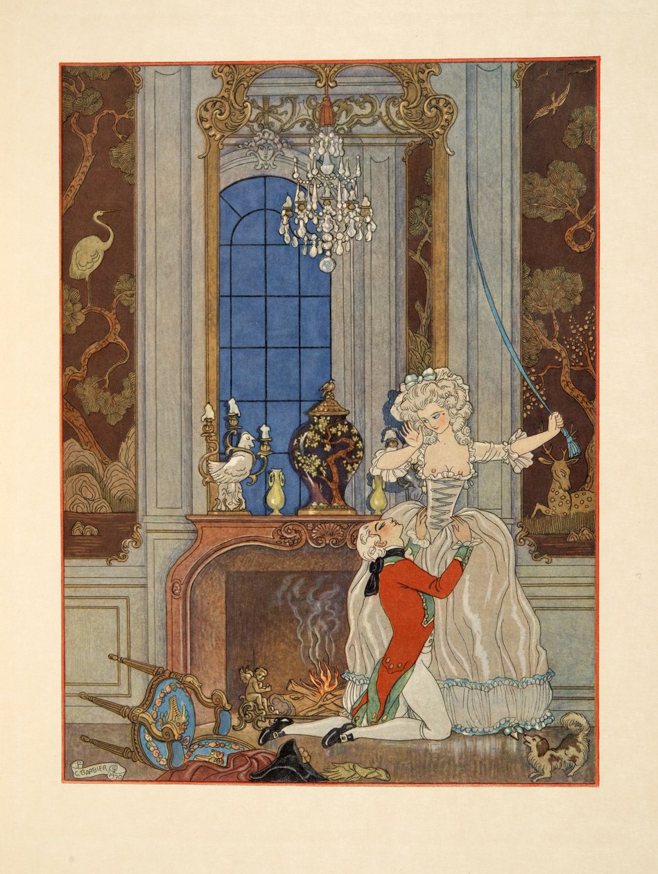 Danceny declarando su amor a Cecile, Ilustración de "Les Liaisons Dangereuses" de Pierre Choderlos de Laclos (1741-1803) pub. 1934 (impresión en pochoir) de Georges Barbier