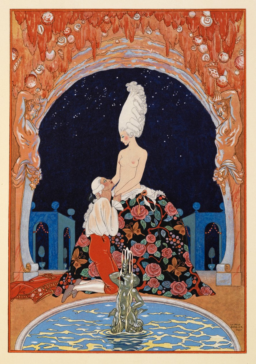 Dans la Grotte. Un hombre arrodillado ante una mujer semidesnuda, junto a una fuente. de Georges Barbier