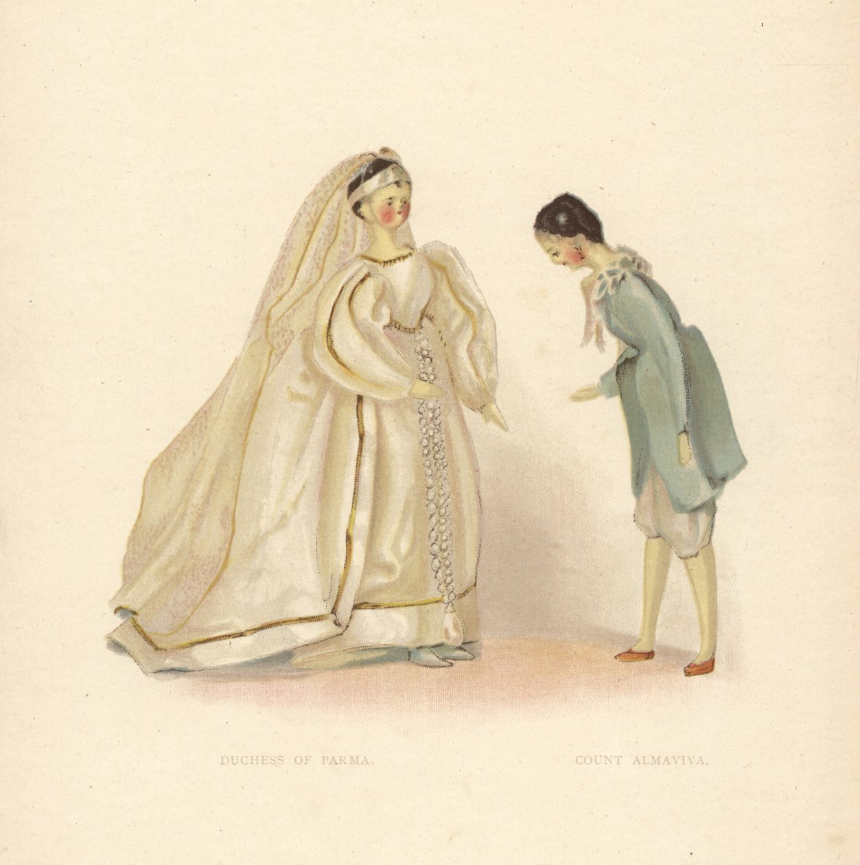 Muñecas de la Duquesa de Parma y el Conde Almaviva, de El Barbero de Sevilla, vestidas por la joven Princesa Victoria. Lámina en color según una ilustración de Alan Wright de Frances H. Low