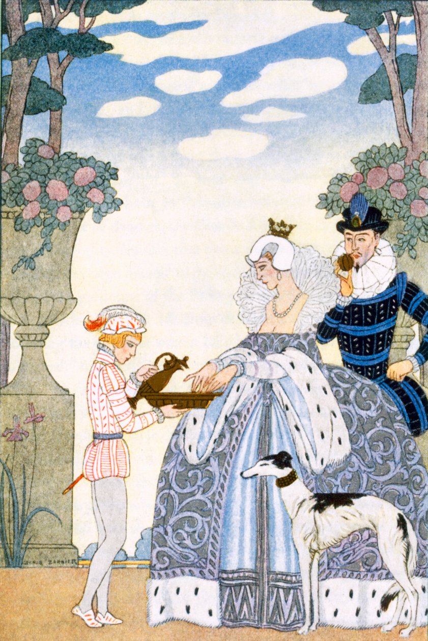 Inglaterra isabelina, de "El arte del perfume", pub. 1912 (impresión en pochoir) de Georges Barbier