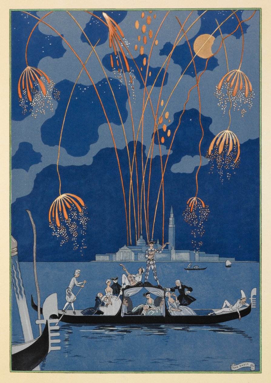 En bateau. Fuegos artificiales en Venecia. Gente en una góndola. de Georges Barbier