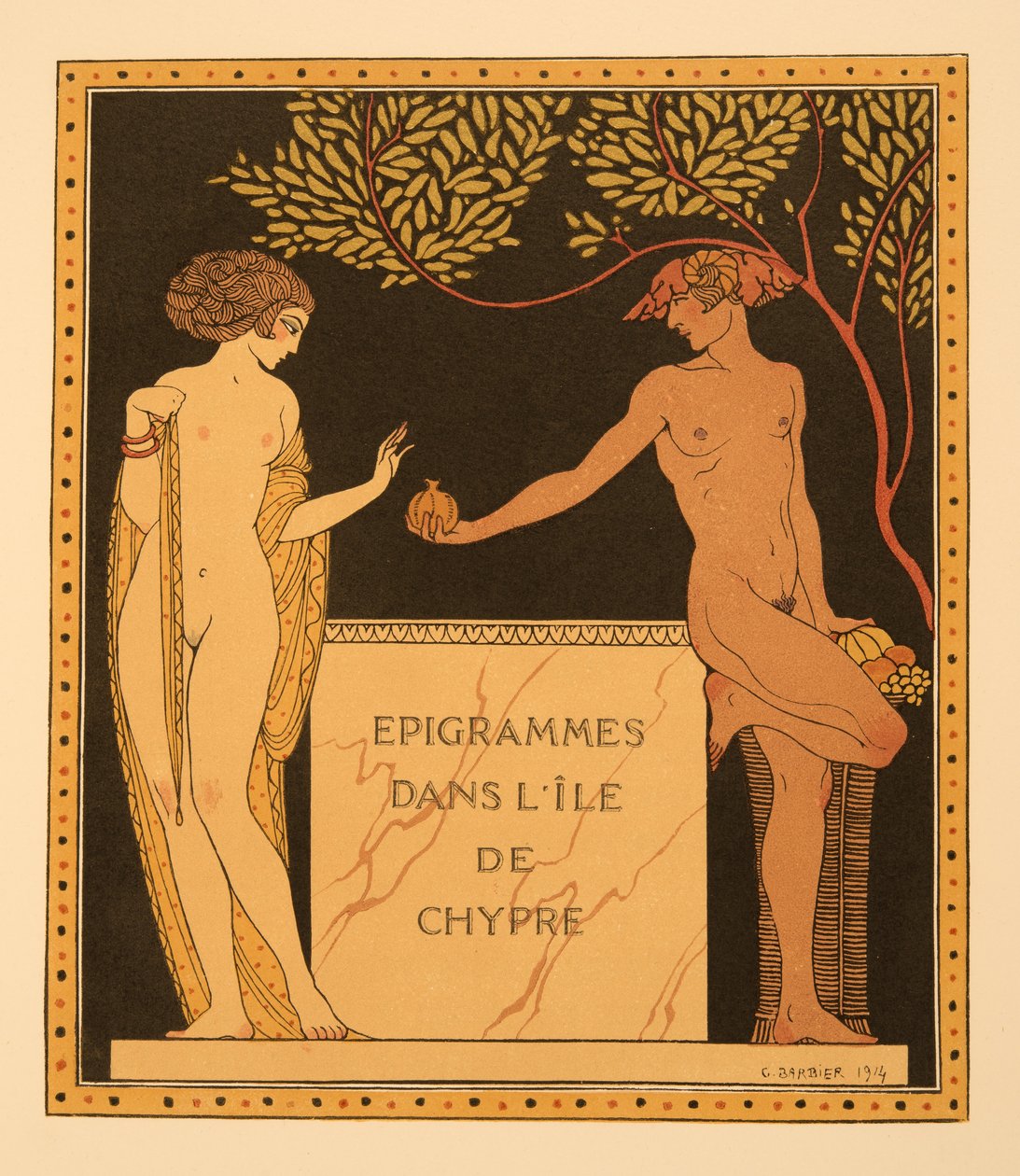 Epigramas en la isla de Chipre, ilustración de Les Chansons de Bilitis, de Pierre Louys, pub. 1922 (impresión en plantilla) de Georges Barbier