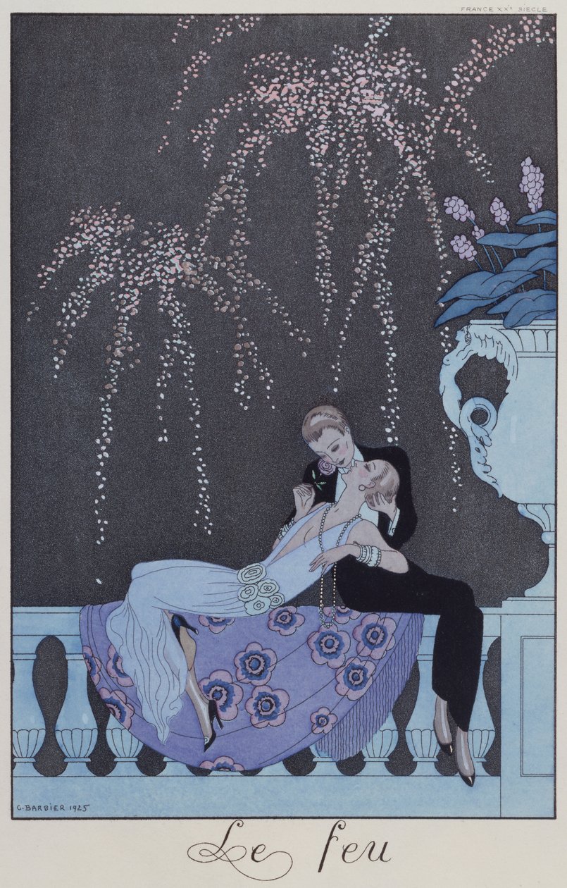 Fuego, de "Falbalas  Fanfreluches, Almanach des Modes Présentes, Passées et Futures" (Falbalas y Fanfreluches, Almanaque de modas presentes, pasadas y futuras) de Georges Barbier
