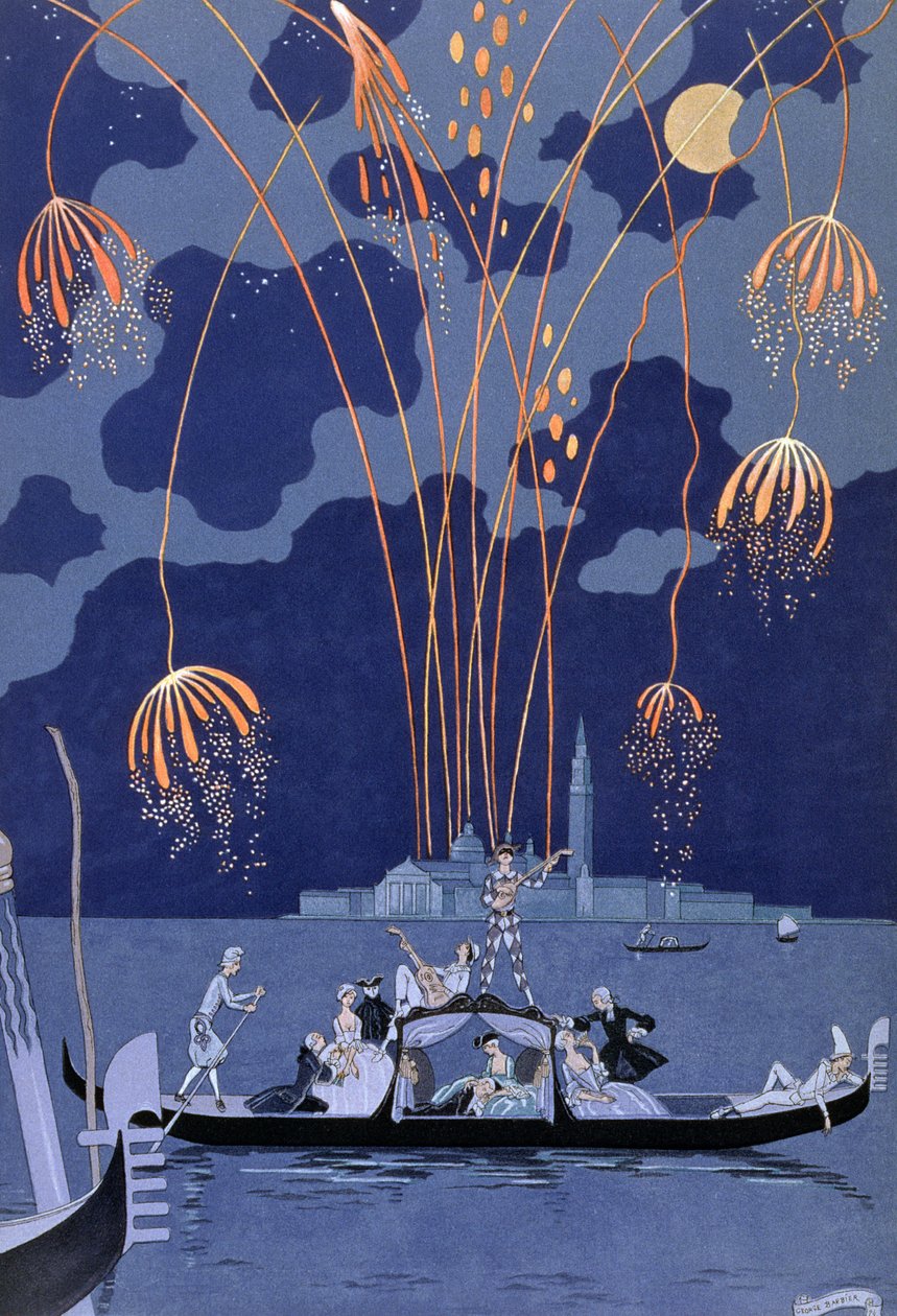 Fuegos artificiales en Venecia, ilustración para "Fetes Galantes" de Paul Verlaine (1844-96) 1924 (impresión en pochoir) de Georges Barbier