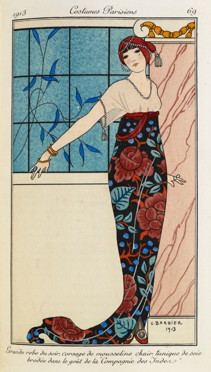 Gran vestido de noche, corsage de mousseline chair tunique de soie brodée dans la goÃ "t de la "Compagnie des Inden". Costumes Parisiens nº 69. Mujer con vestido de noche con corpiño de gasa y túnica de seda bordada. También lleva un pañuelo rojo de Georges Barbier