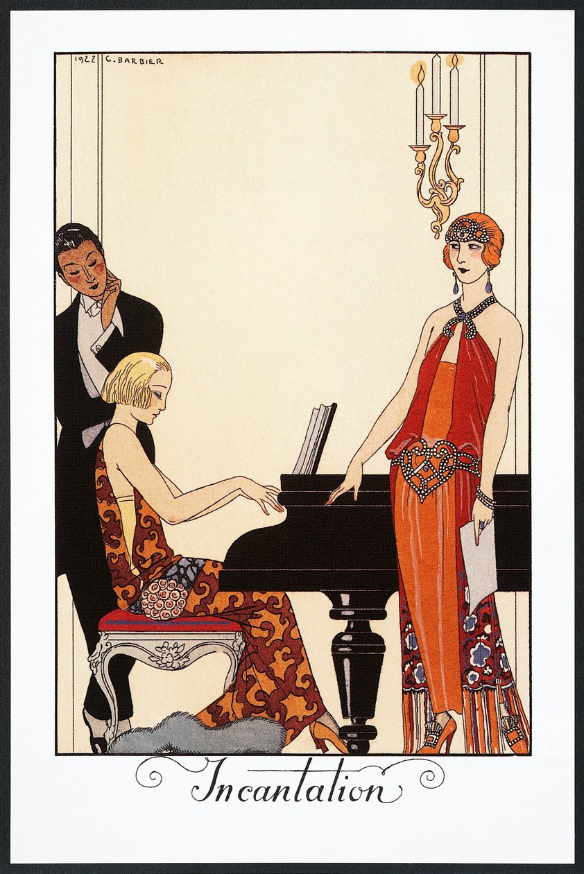 Incantación, pianista y mujer vestidos de noche, ilustración de Falbalas et Fanfreluches, Almanaque de 1923 de Georges Barbier