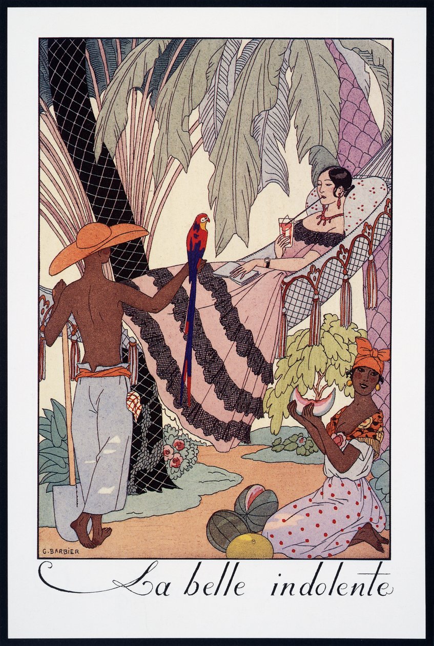La Belle Indolente, litografía de George Barbier (1882-1932), de Falbalas et Fanfreluches, Almanach des Modes Presentes, Passees et Futures, Francia, siglo XX de Georges Barbier