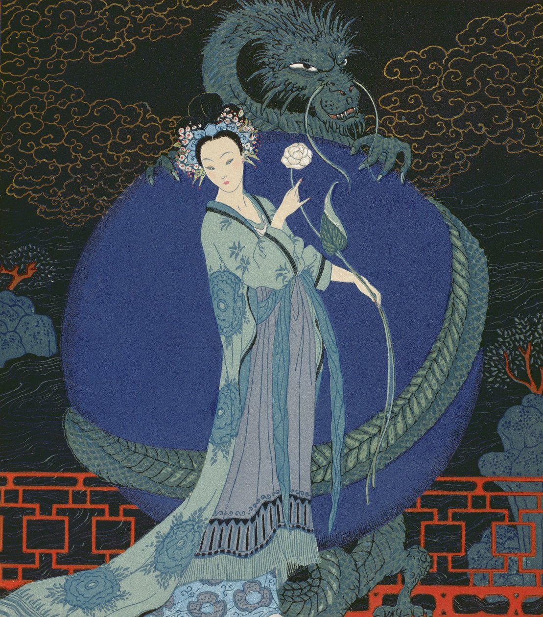 La dama del dragón (litografía en color) de Georges Barbier