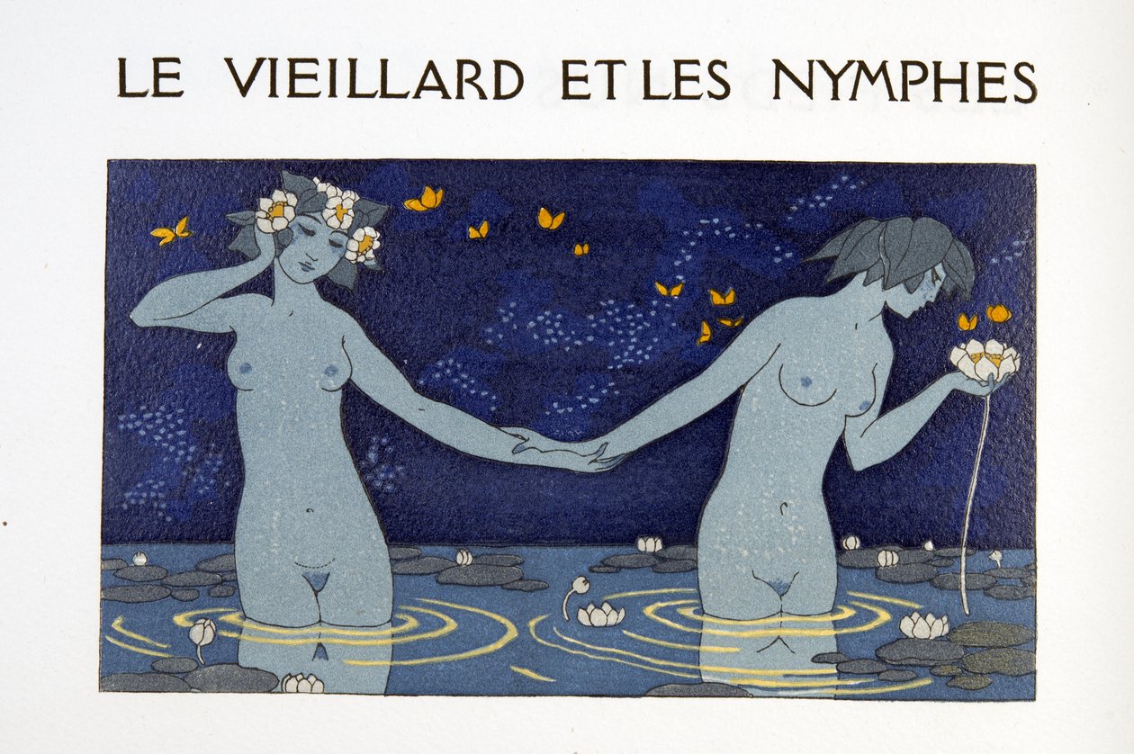 Le Vieillard et les Nymphes, ilustración de Les Chansons de Bilitis, de Pierre Louys, pub. 1922 (impresión en plantilla) de Georges Barbier