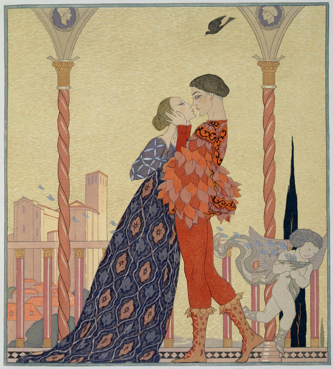 Amantes en un balcón (acuarela sobre papel) de Georges Barbier