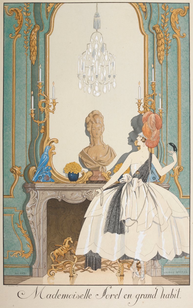 Mademoiselle Sorel con un gran hábito. Una mujer de pie frente a una chimenea. de Georges Barbier