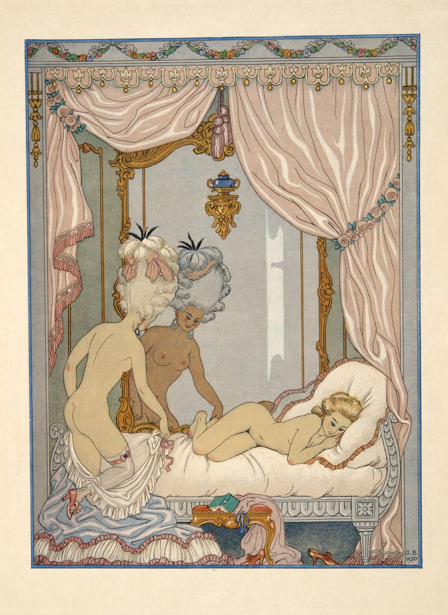 Visita de la marquesa de Merteuil a la habitación de Cécile de Volanges, ilustración de "Les Liaisons Dangereuses" de Pierre Choderlos de Laclos (1741-1803) pub. 1934 (impresión en plantilla) de Georges Barbier