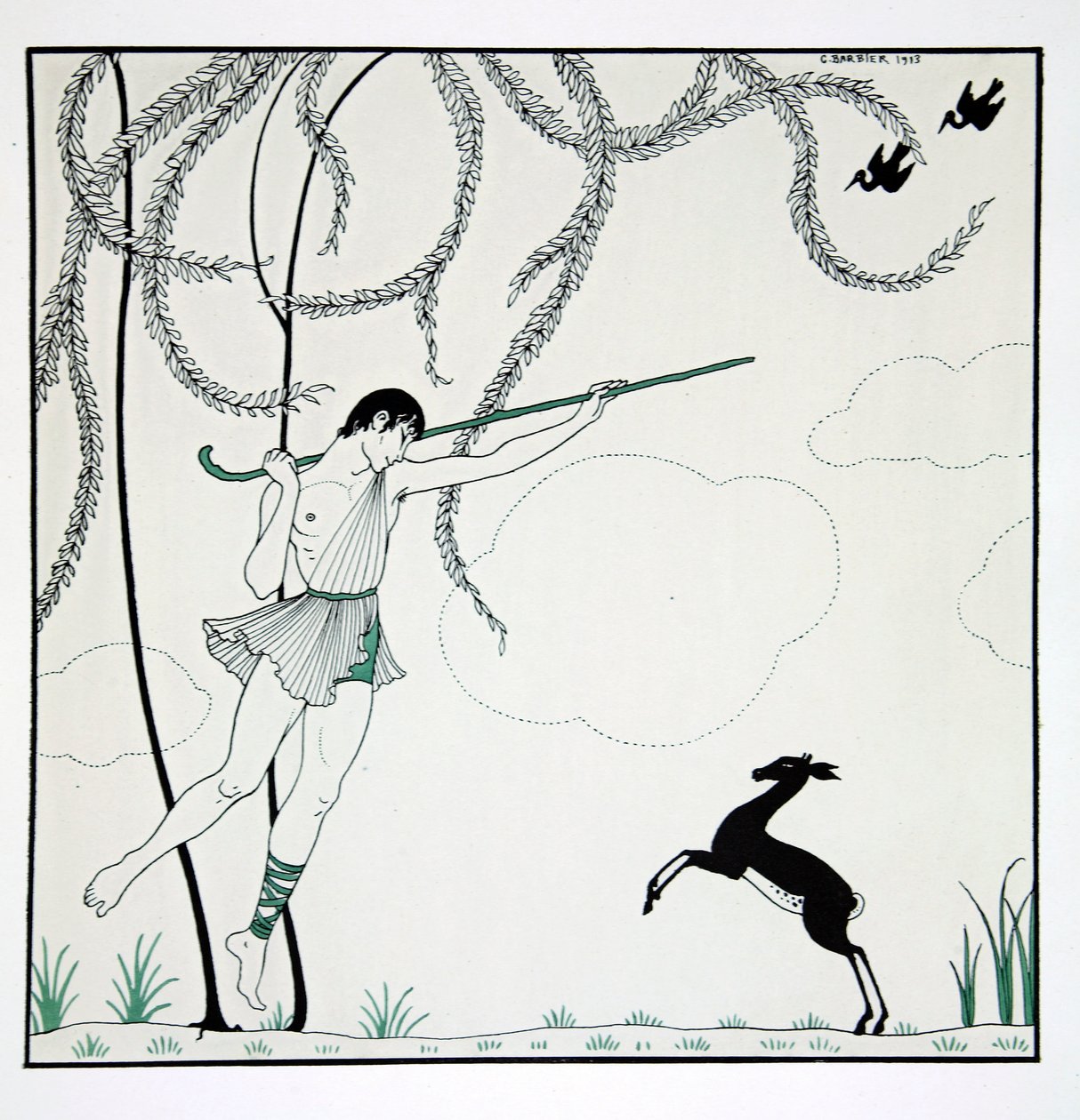Narcisse, de la serie "Diseños sobre las danzas de Vaslav Nijinsky" (1889-1950). Georges Barbier (1882-1932), grabado Pochoir de Georges Barbier