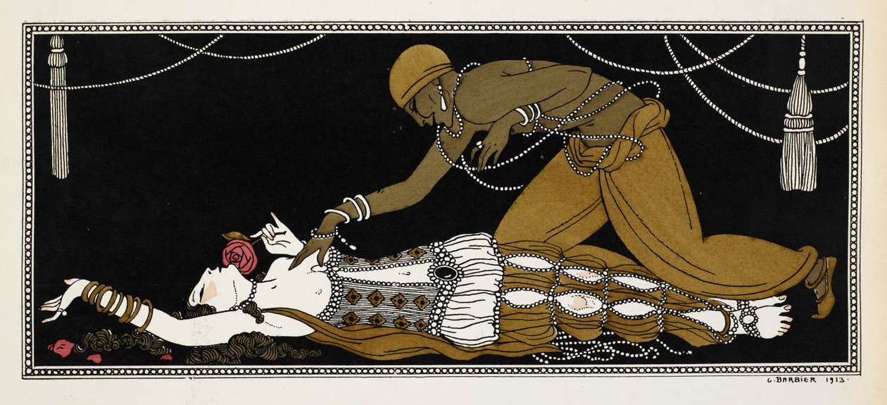 Nijinsky como el Esclavo de Oro en Sheherazade, una suite sinfónica compuesta por Nikolai Rimsky-Korsakov en 1888. Sheherazade está aquí en su lecho de muerte, el esclavo de oro inclinado sobre ella de Georges Barbier